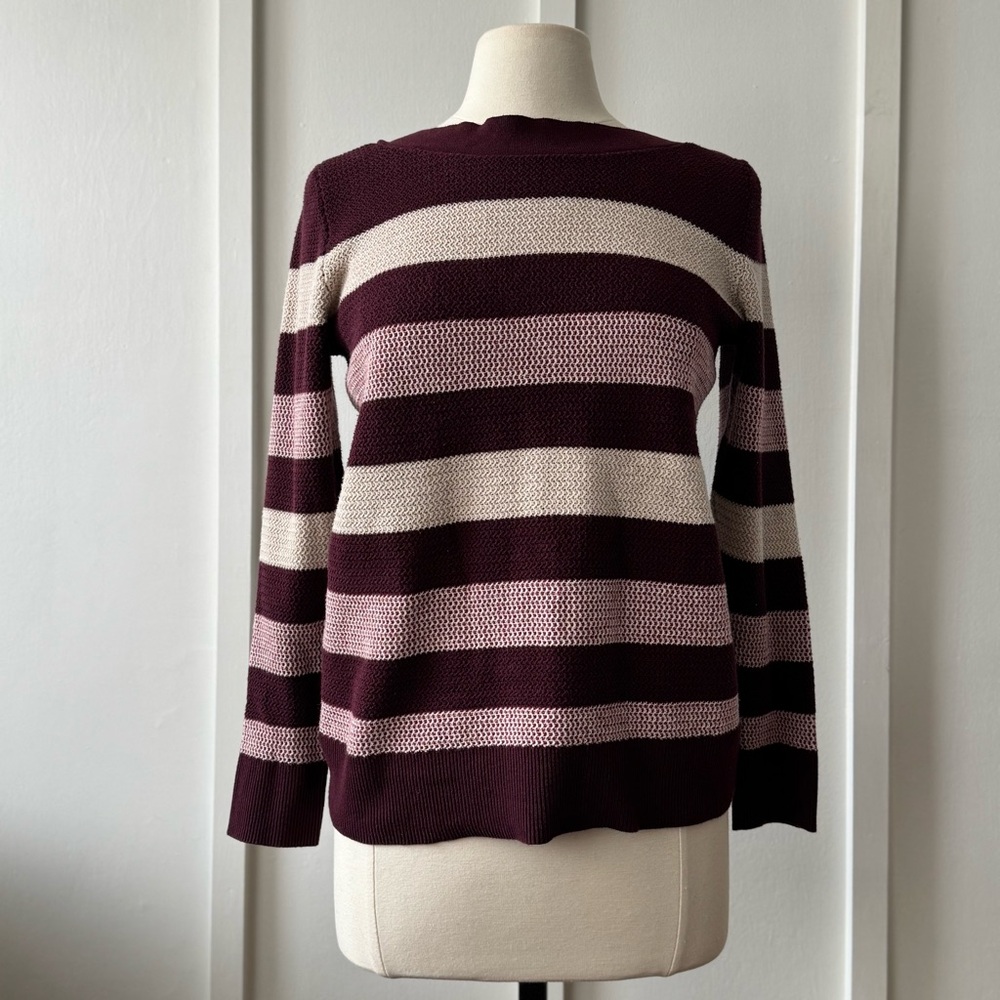 Market & Spruce Striped Knit Sweater | Medium | Burgundy‎ and Neutral Tones